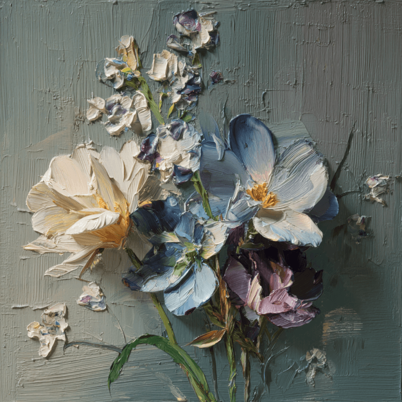 Ethereal Botanical Minimalism: Cool-Toned Impasto Study in Currin's Style