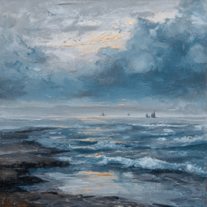 Melancholic Tides: Renaissance-Inspired Seascape in Fauvist Ink