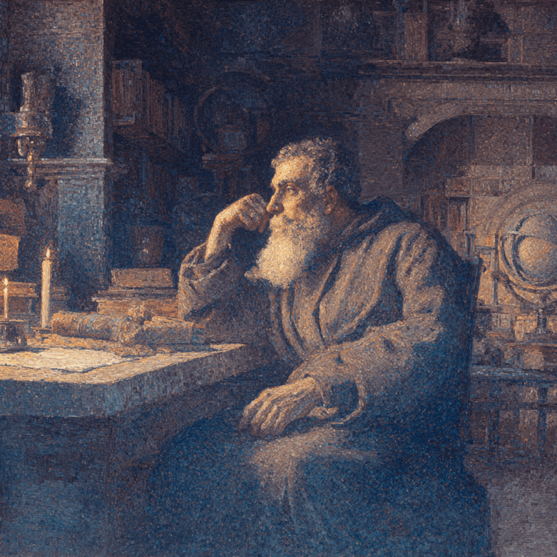 Medieval Scholar's Serenity - Monochrome Pointillist Study Room Art