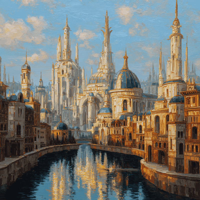 Luminous Horizon: Renaissance Futurism - Rembrandt-Inspired Cityscape Study