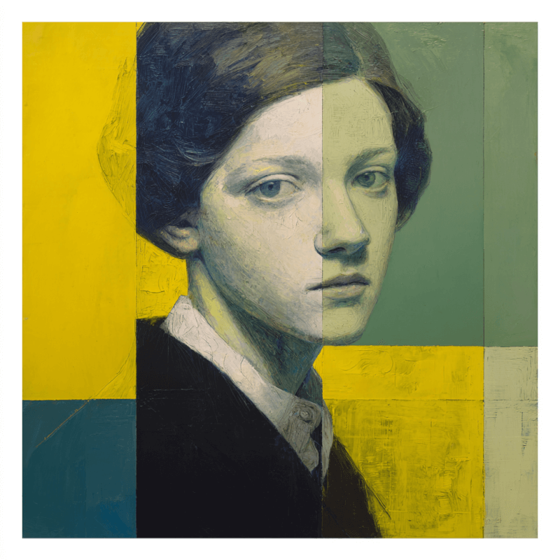 Vibrant Solitude: Early Century Portrait with Minimalist Essence