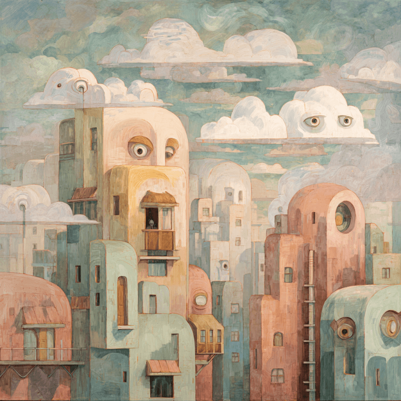 Whimsical Metropolis: Baseman-Inspired Futuristic Cityscape