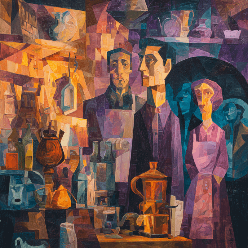 Monochrome Reflection: Baroque Kitchen Scene with Kirchner's Expressionist Touch
