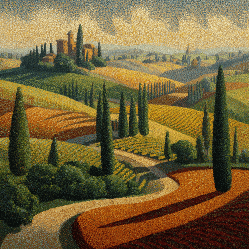 Twilight Vineyard Reverie: Toulouse-Lautrec Inspired Pointillist Landscape