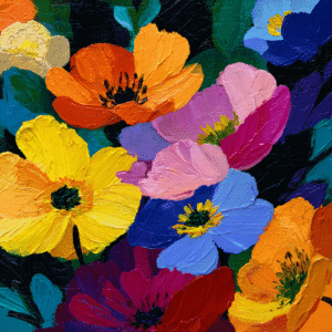 Vibrant impasto painting of colorful flowers with thick brushstrokes in reds, yellows, blues, and greens