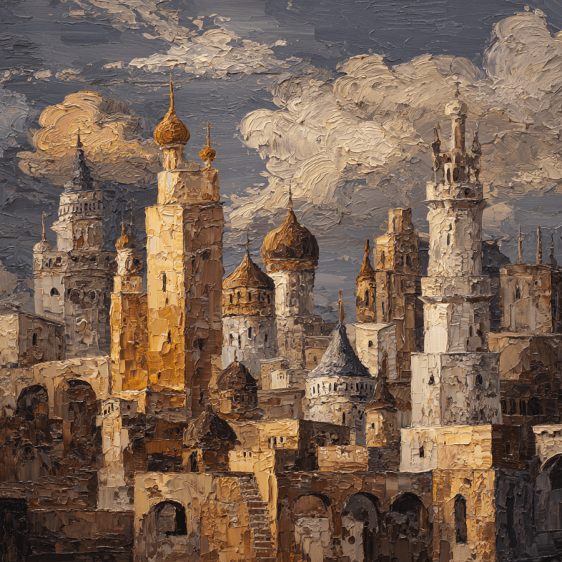 Impressionistic oil painting of a cityscape with vibrant colors, featuring textured clouds and detailed towers and domes under a dramatic sky.