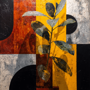 Abstract modern artwork with vibrant colors featuring geometric shapes and a botanical element.