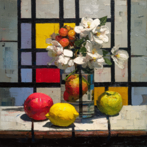 Still life oil painting featuring fruit and flowers with a geometric background in vibrant warm tones.