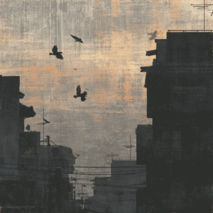 Silhouetted city skyline at dusk with birds flying, featuring muted orange and gray tones.