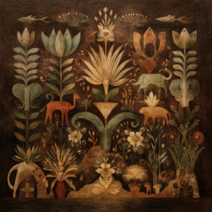 Decorative artwork featuring stylized plants and animals in earth tones with a whimsical, folklore aesthetic