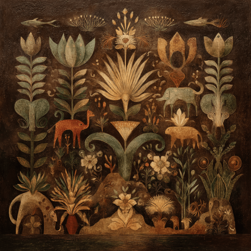 Decorative artwork featuring stylized plants and animals in earth tones with a whimsical, folklore aesthetic