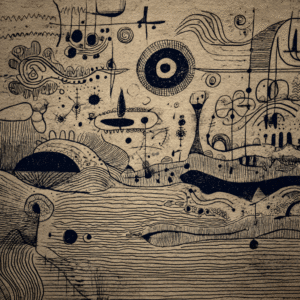 Abstract black and white artwork with surreal elements, flowing lines, and various geometric shapes on a textured paper background