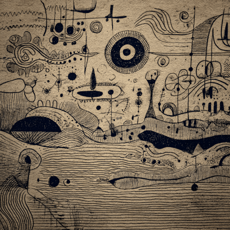 Abstract black and white artwork with surreal elements, flowing lines, and various geometric shapes on a textured paper background