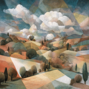 Geometric watercolor landscape featuring vibrant fields, hills, and clouds in a contemporary style
