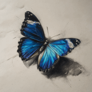 Realistic sketch of a blue butterfly with detailed wings and shadow on a textured background.