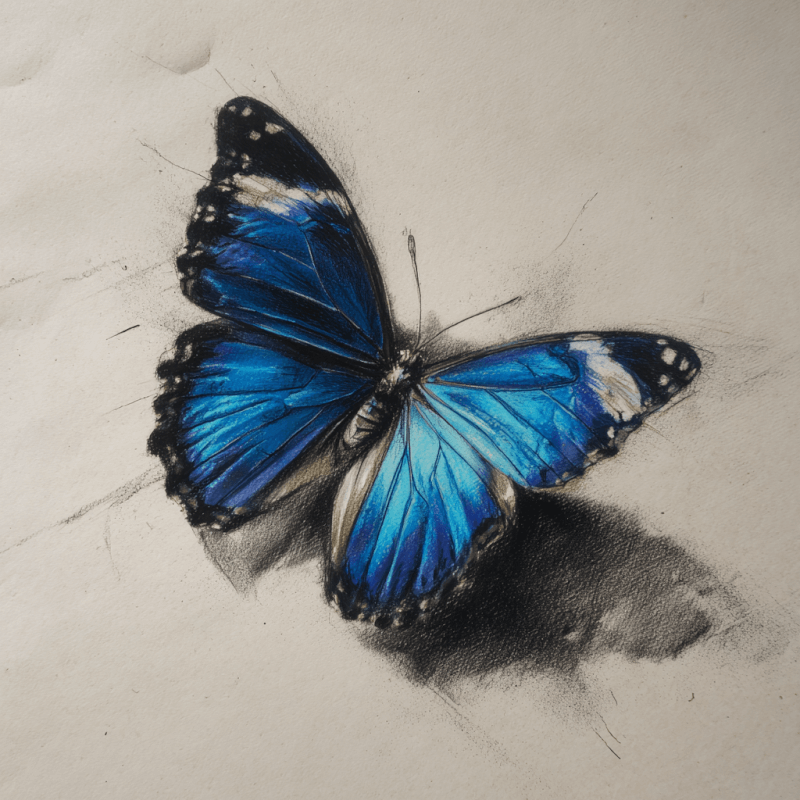 Realistic sketch of a blue butterfly with detailed wings and shadow on a textured background.
