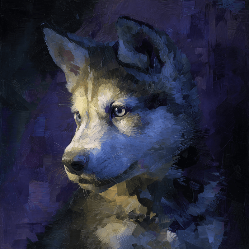 Portrait of a husky with vibrant blue and yellow tones in an oil painting style, showcasing a detailed depiction of the dog's face in a contemporary artistic manner.