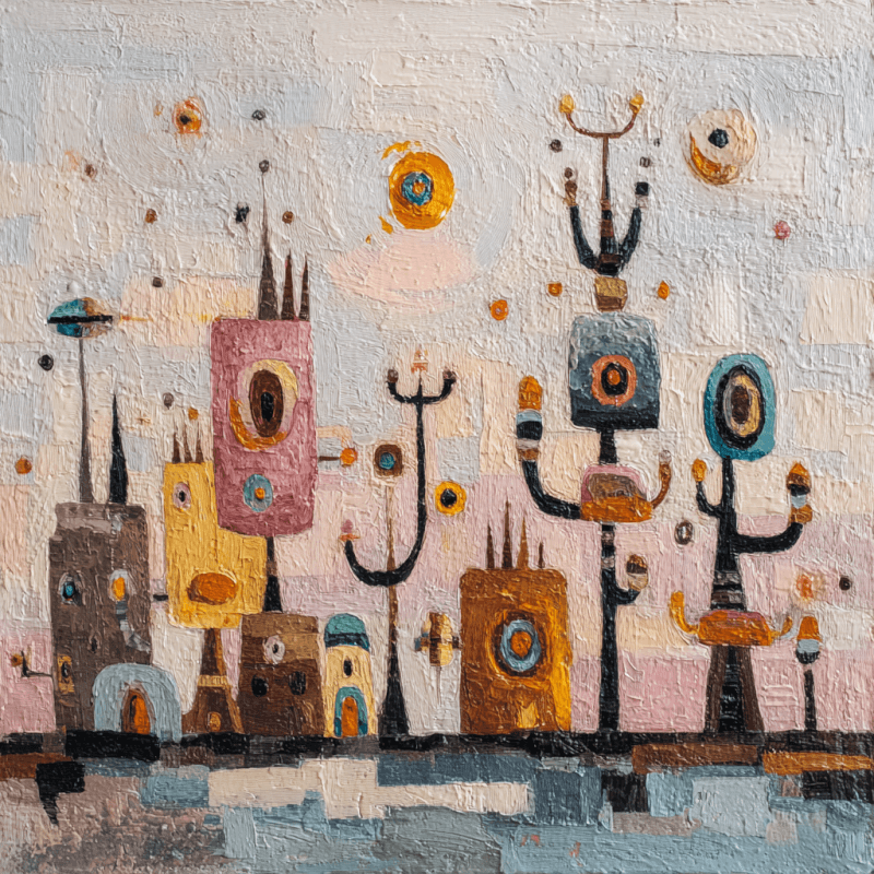 Abstract oil painting featuring whimsical geometric structures with circular patterns in vibrant orange, yellow, and blue tones against a pastel background.