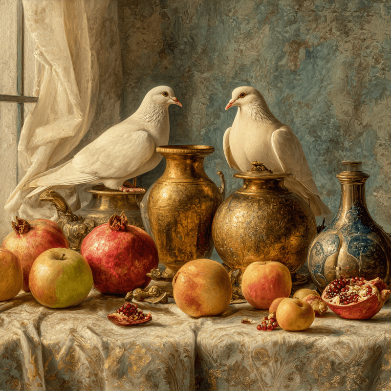 Realistic still life painting featuring two white doves, pomegranates, and apples arranged with ornate vases on a textured cloth.