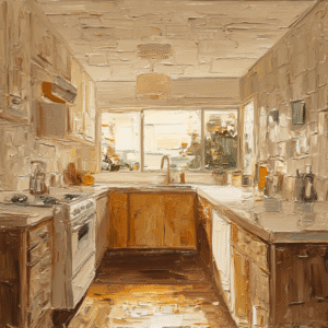 Oil painting of a warmly lit kitchen with textured impasto technique, featuring wooden cabinets and countertops.