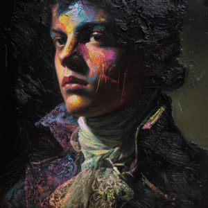 Colorful and expressive oil painting portrait of a person with vibrant impasto techniques and dramatic lighting.