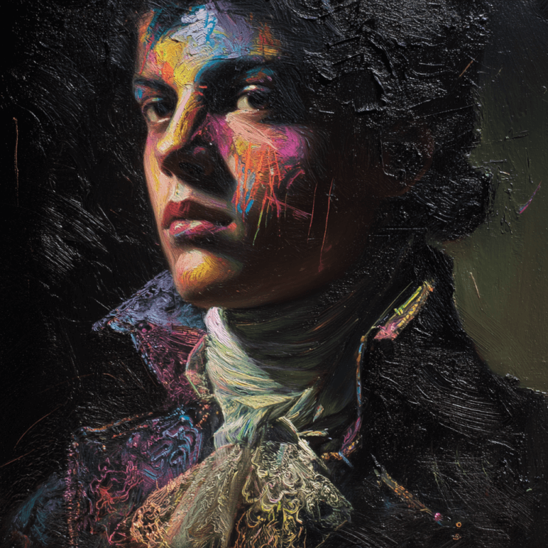 Colorful and expressive oil painting portrait of a person with vibrant impasto techniques and dramatic lighting.
