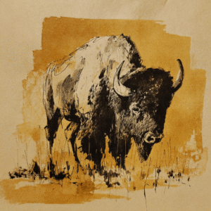 Ink drawing of a bison on a textured background with earth tones capturing a realistic and rustic wildlife scene.