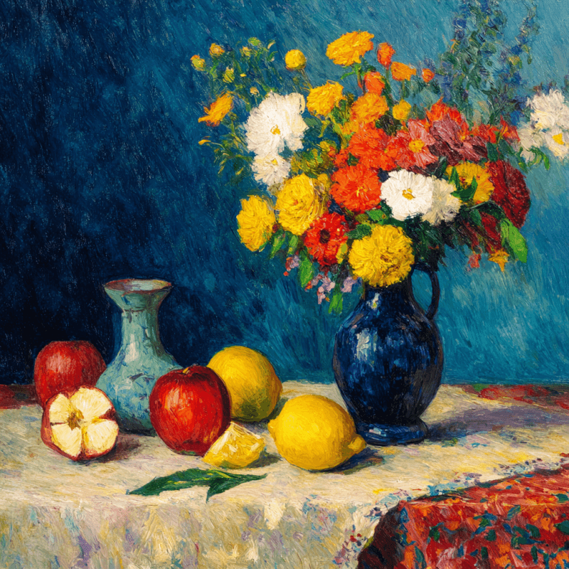 Still life painting featuring a blue vase with vibrant flowers and assorted fruit on a table with a blue background.