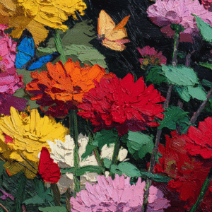 Oil painting featuring vibrant flowers in red, yellow, pink, and orange with butterflies against a dark background, using impasto technique.