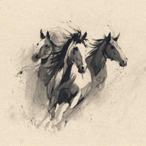Ink drawing of three running horses in black and white, showcasing dynamic movement and expressive brush strokes.