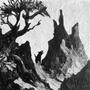 Monochrome abstract artwork depicting a silhouette of a dog howling at the base of a tree and jagged rock formations.