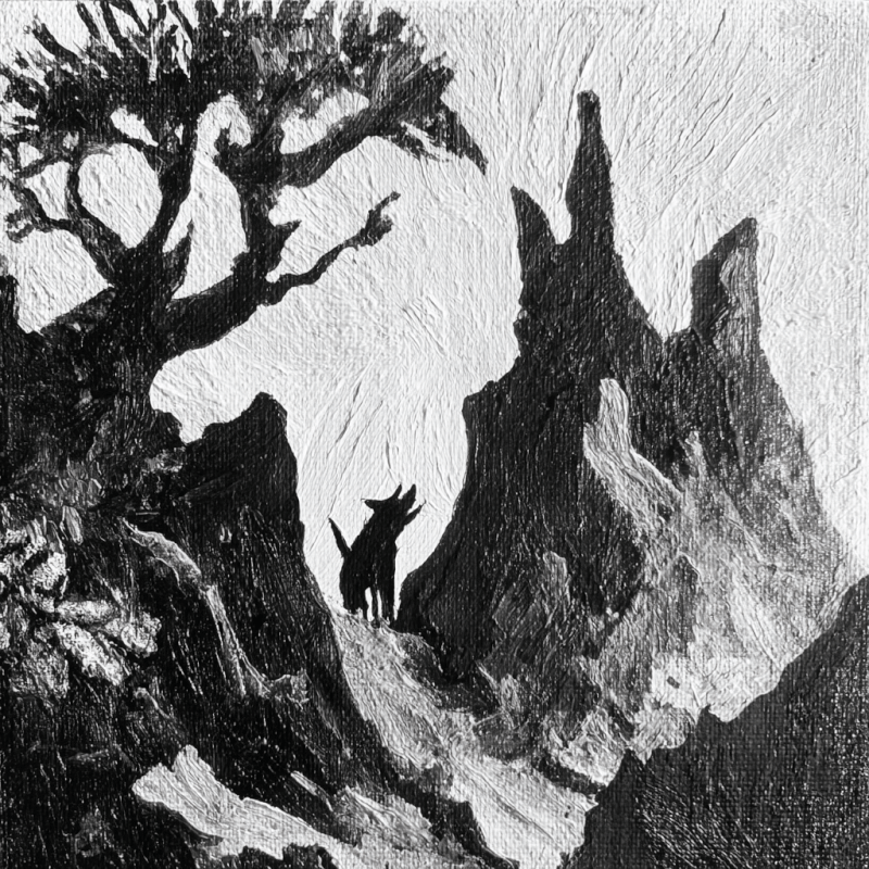 Monochrome abstract artwork depicting a silhouette of a dog howling at the base of a tree and jagged rock formations.