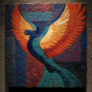 Vibrant abstract artwork depicting a phoenix with bold blue and orange colors, using a textured impasto technique.