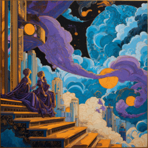 Surreal artwork depicting two figures in purple robes sitting on ornate steps, surrounded by vibrant blue clouds and orange celestial bodies against a dark sky.