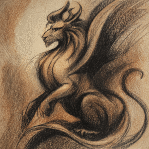 Charcoal sketch of a mythical griffin-like creature in sepia tones, featuring a lion's body and eagle's wings.