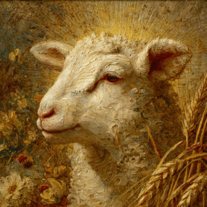Realistic oil painting of a sheep surrounded by wheat and daisies with a golden glow emanating from its head.