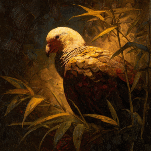 Realistic oil painting of a bird with detailed feathers and warm tones surrounded by leaves, showing textured brushwork and dramatic lighting.