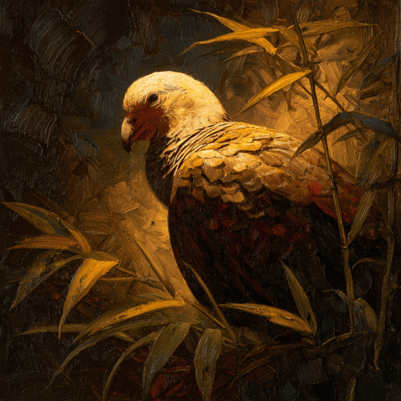 Realistic oil painting of a bird with detailed feathers and warm tones surrounded by leaves, showing textured brushwork and dramatic lighting.