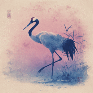 Watercolor artwork of a crane walking gracefully by reeds, set against a soft pink and blue textured background.