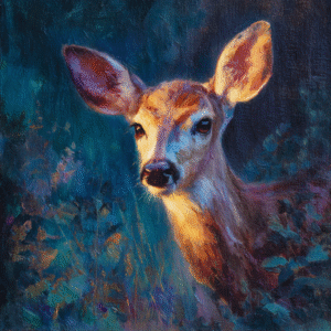 Realistic oil painting of a deer in a forest with vibrant blue and orange tones creating a serene atmosphere.