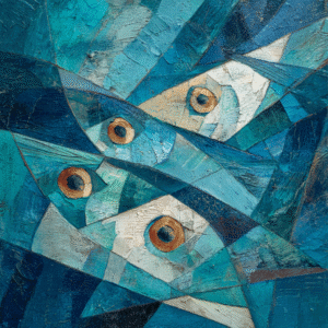 Abstract cubist artwork depicting fish in vibrant shades of blue and orange with geometric shapes and textured brushstrokes, conveying a modern and expressive style.