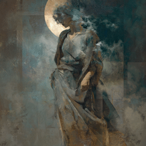 Surreal artwork depicting a feminine figure in flowing robes enveloped by clouds with a moonlit background in blue and earth tones.