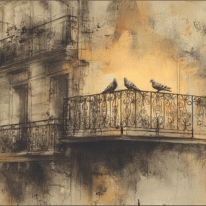 Artwork depicting three pigeons perched on a detailed wrought iron balcony with a sepia-toned cityscape background.