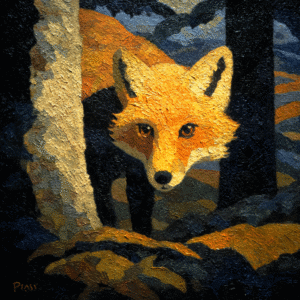 Impasto painting of a fox with bright orange fur amidst a forest background in blue and gray tones.
