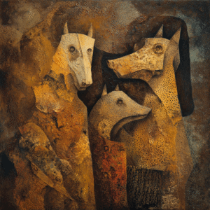 Surreal artwork depicting abstract animal figures with cubist influences in warm, earthy tones and textured patterns.