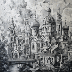 Nostalgic Cityscape: Rococo-Constructivist Fusion in Pointillist Black & White