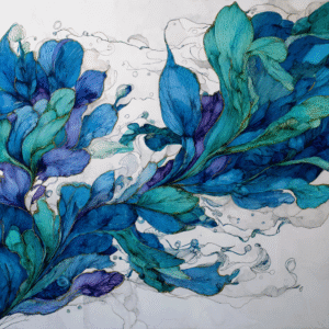 Abstract artwork depicting flowing blue and teal organic shapes with a watercolor effect.