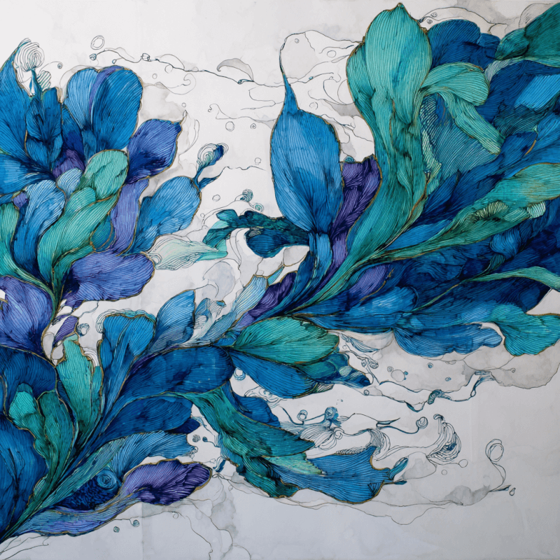 Abstract artwork depicting flowing blue and teal organic shapes with a watercolor effect.