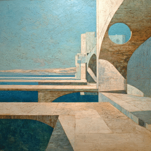 Abstract artwork featuring a series of geometric architectural structures in beige and blue tones with shadows and light play.