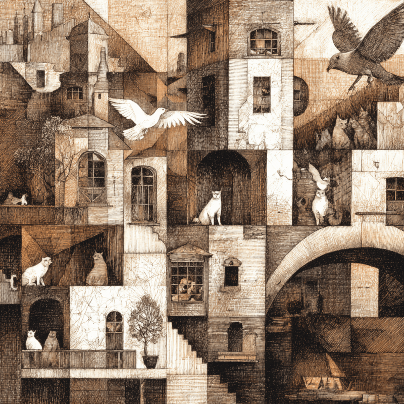 Surreal artwork featuring a cityscape with geometric buildings, cats, and doves in brown tones.